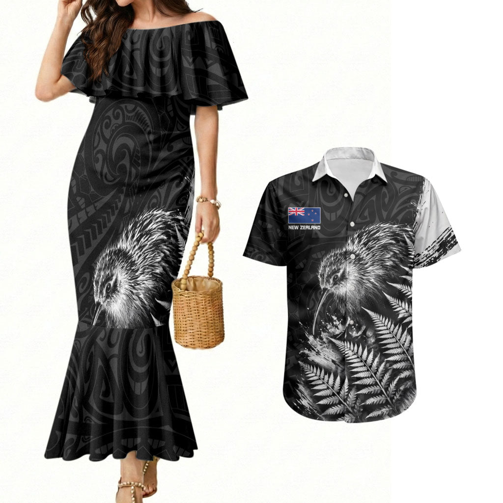 Personalized New Zealand Kiwi Bird Couples Matching Mermaid Dress and Hawaiian Shirt Grunge Maori Tribal Pattern Silver Fern TS04 Black White - Polynesian Pride