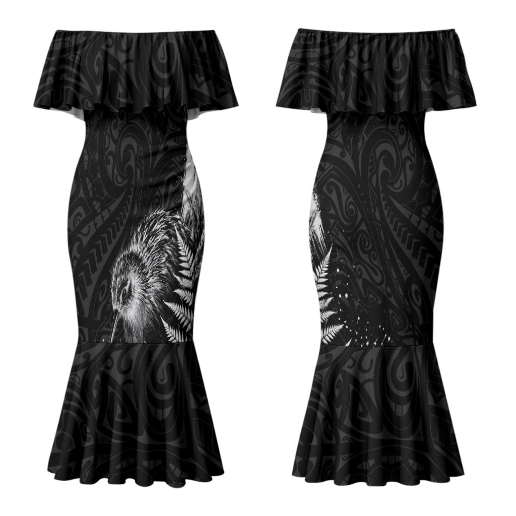 Personalized New Zealand Kiwi Bird Couples Matching Mermaid Dress and Hawaiian Shirt Grunge Maori Tribal Pattern Silver Fern