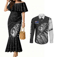 Personalized New Zealand Kiwi Bird Couples Matching Mermaid Dress and Long Sleeve Button Shirt Grunge Maori Tribal Pattern Silver Fern
