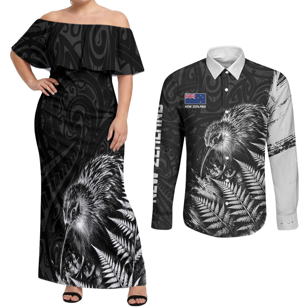 Personalized New Zealand Kiwi Bird Couples Matching Off Shoulder Maxi Dress and Long Sleeve Button Shirt Grunge Maori Tribal Pattern Silver Fern