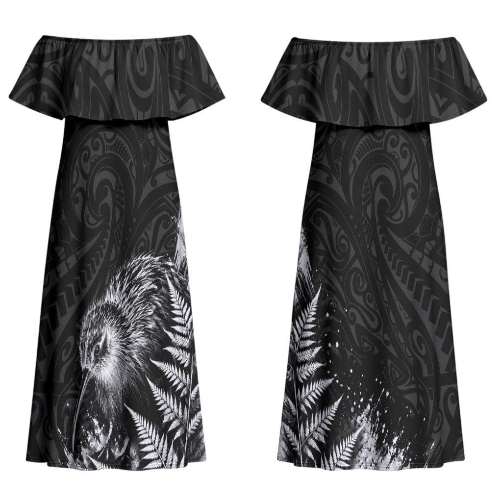 Personalized New Zealand Kiwi Bird Couples Matching Off Shoulder Maxi Dress and Long Sleeve Button Shirt Grunge Maori Tribal Pattern Silver Fern