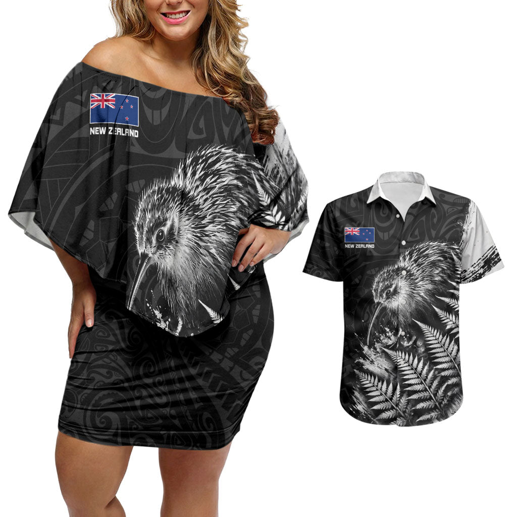 Personalized New Zealand Kiwi Bird Couples Matching Off Shoulder Short Dress and Hawaiian Shirt Grunge Maori Tribal Pattern Silver Fern TS04 Black White - Polynesian Pride