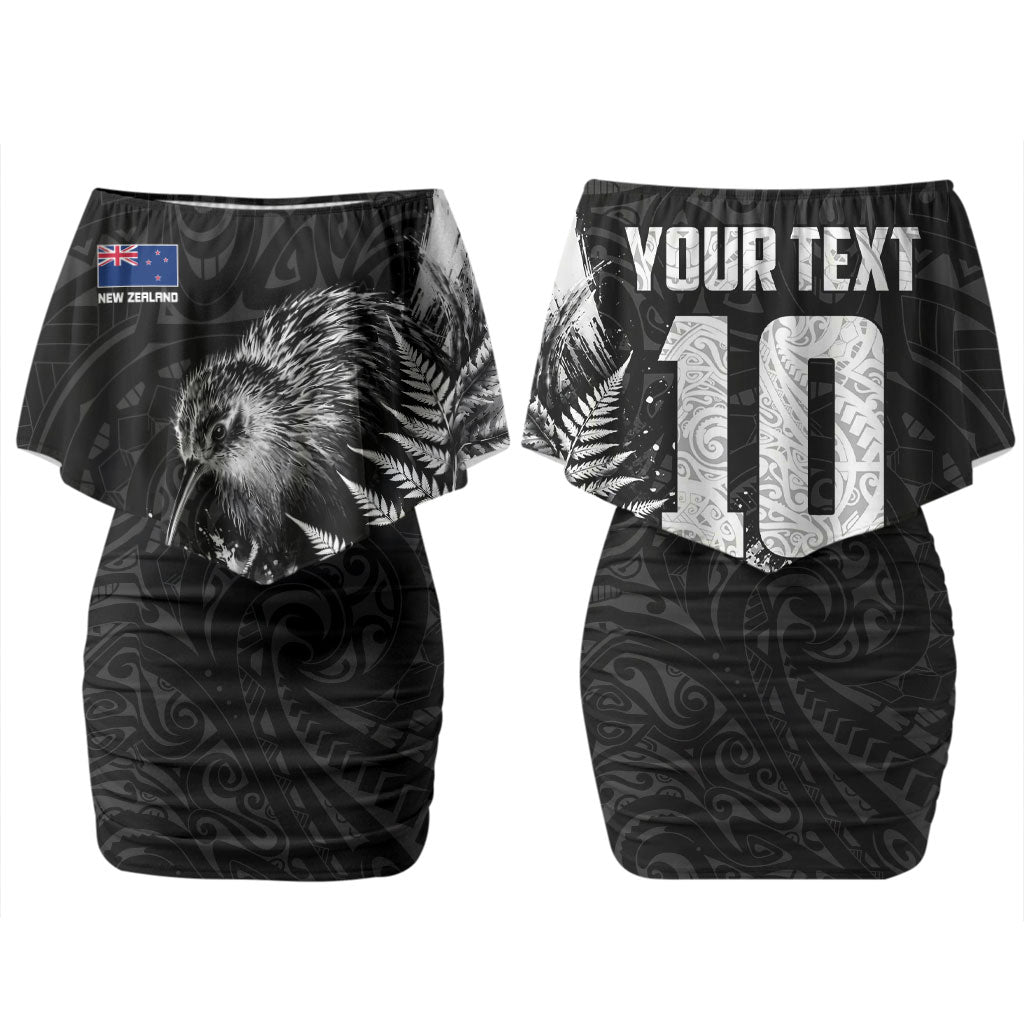 Personalized New Zealand Kiwi Bird Couples Matching Off Shoulder Short Dress and Hawaiian Shirt Grunge Maori Tribal Pattern Silver Fern