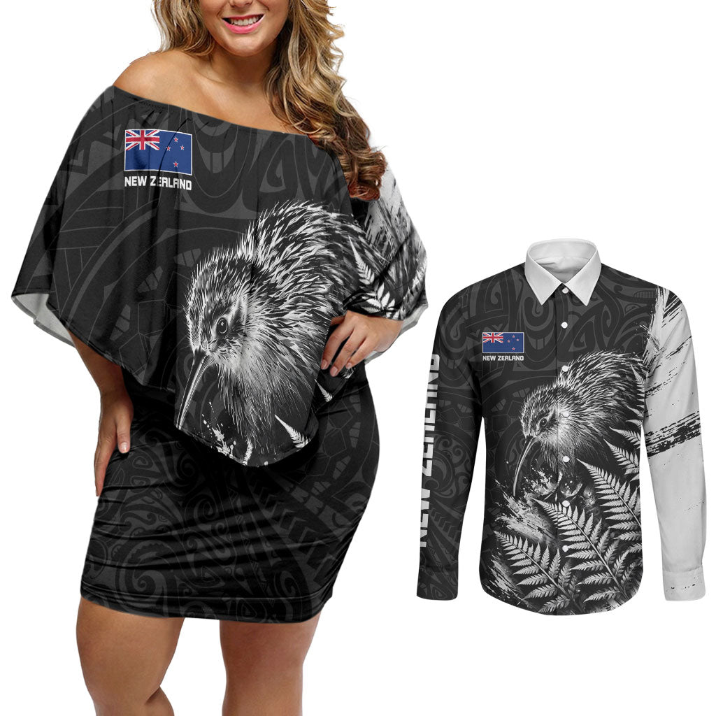 Personalized New Zealand Kiwi Bird Couples Matching Off Shoulder Short Dress and Long Sleeve Button Shirt Grunge Maori Tribal Pattern Silver Fern
