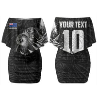 Personalized New Zealand Kiwi Bird Couples Matching Off Shoulder Short Dress and Long Sleeve Button Shirt Grunge Maori Tribal Pattern Silver Fern