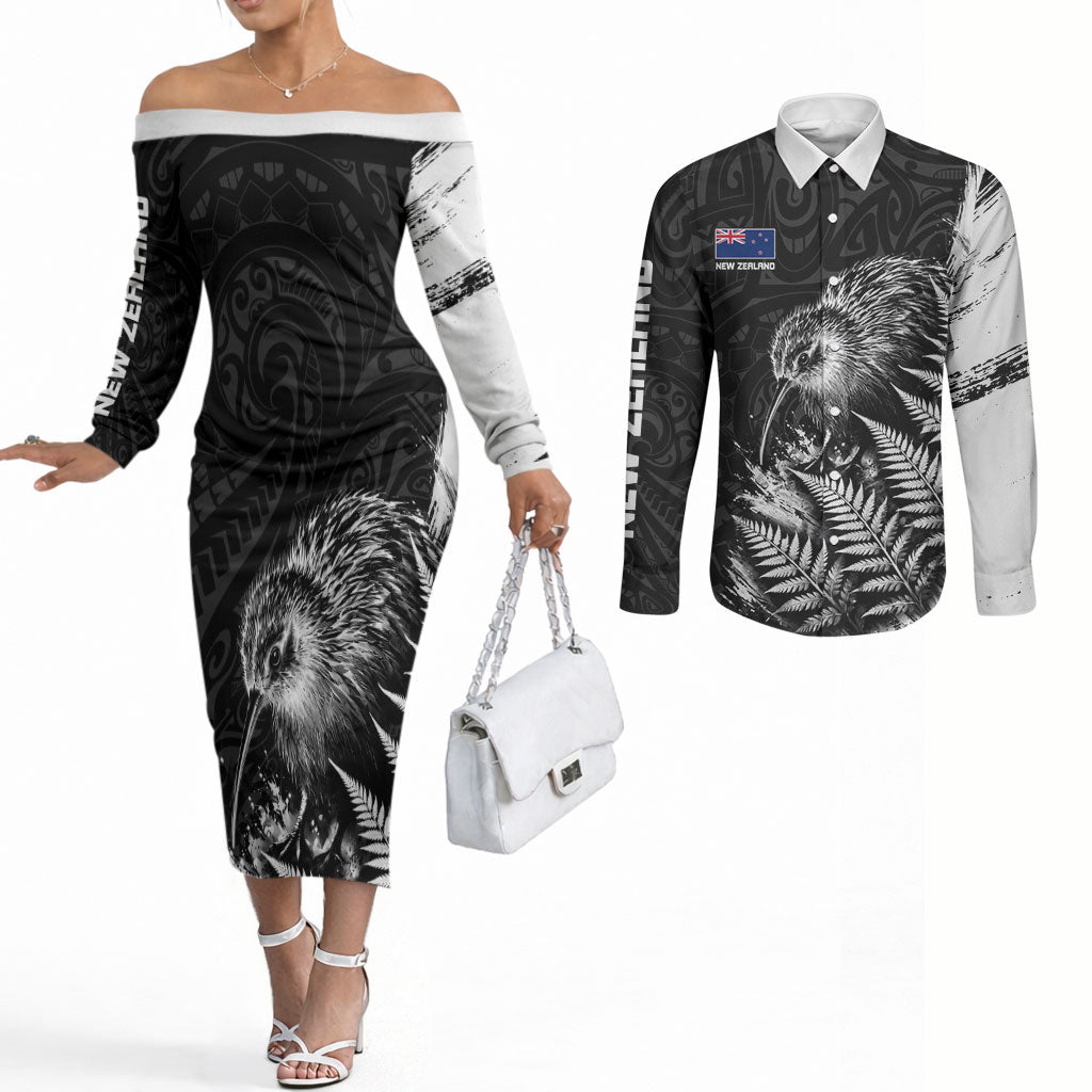 Personalized New Zealand Kiwi Bird Couples Matching Off The Shoulder Long Sleeve Dress and Long Sleeve Button Shirt Grunge Maori Tribal Pattern Silver Fern