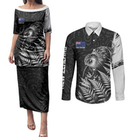 Personalized New Zealand Kiwi Bird Couples Matching Puletasi and Long Sleeve Button Shirt Grunge Maori Tribal Pattern Silver Fern