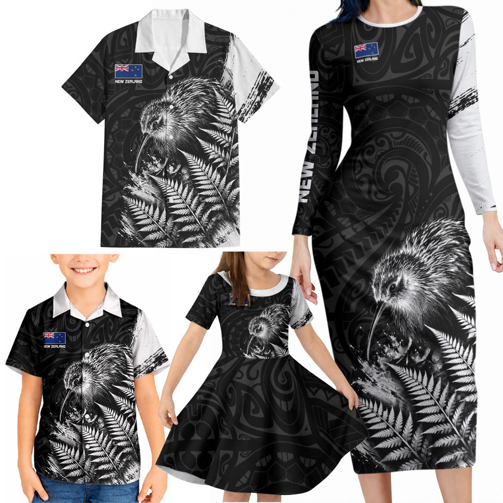 Personalized New Zealand Kiwi Bird Family Matching Long Sleeve Bodycon Dress and Hawaiian Shirt Grunge Maori Tribal Pattern Silver Fern TS04 - Polynesian Pride