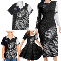 Personalized New Zealand Kiwi Bird Family Matching Long Sleeve Bodycon Dress and Hawaiian Shirt Grunge Maori Tribal Pattern Silver Fern