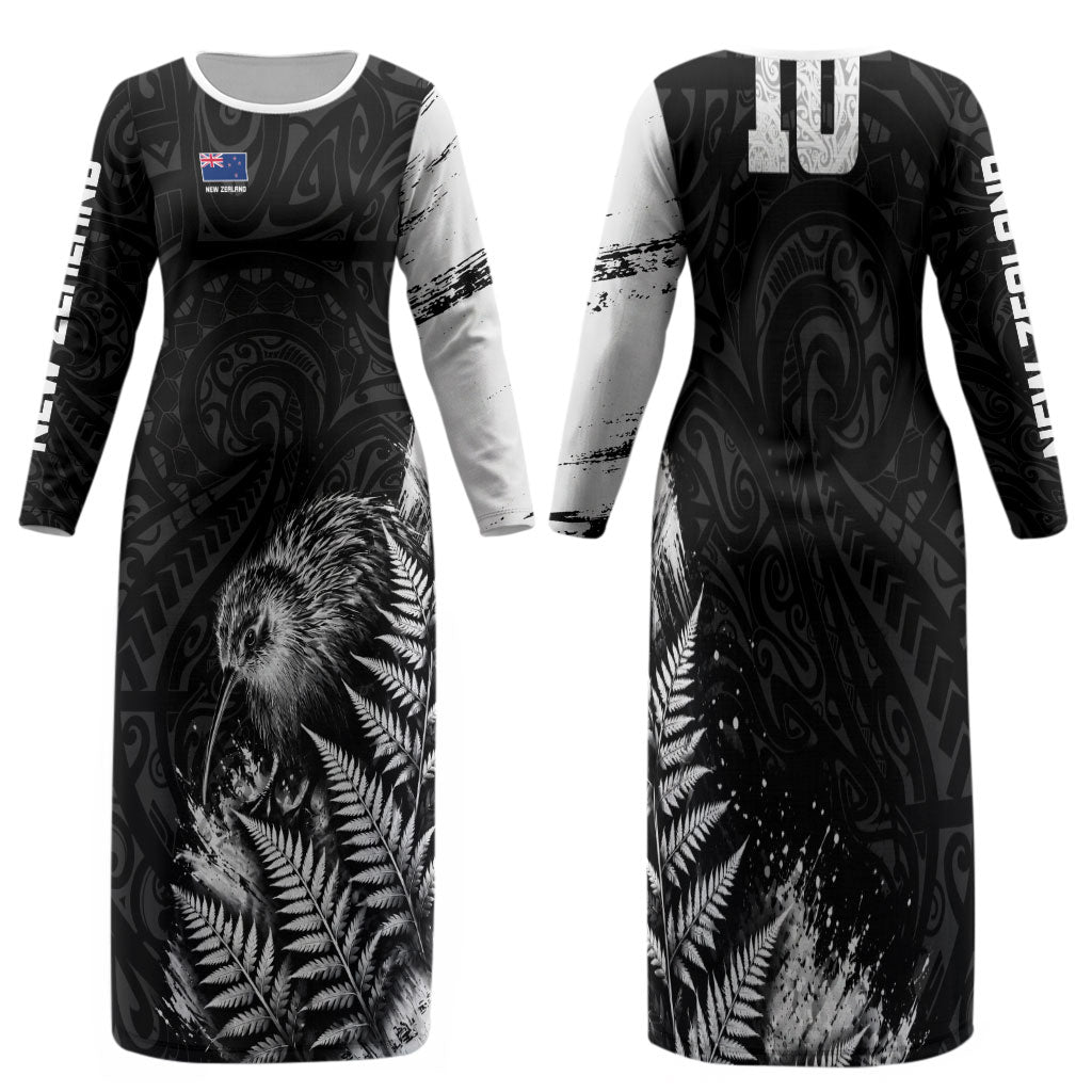 Personalized New Zealand Kiwi Bird Family Matching Long Sleeve Bodycon Dress and Hawaiian Shirt Grunge Maori Tribal Pattern Silver Fern