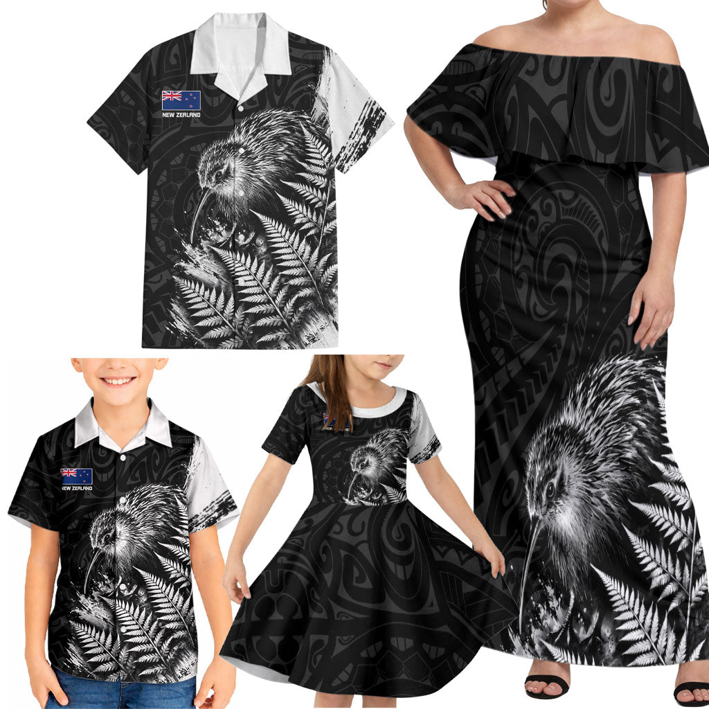Personalized New Zealand Kiwi Bird Family Matching Off Shoulder Maxi Dress and Hawaiian Shirt Grunge Maori Tribal Pattern Silver Fern