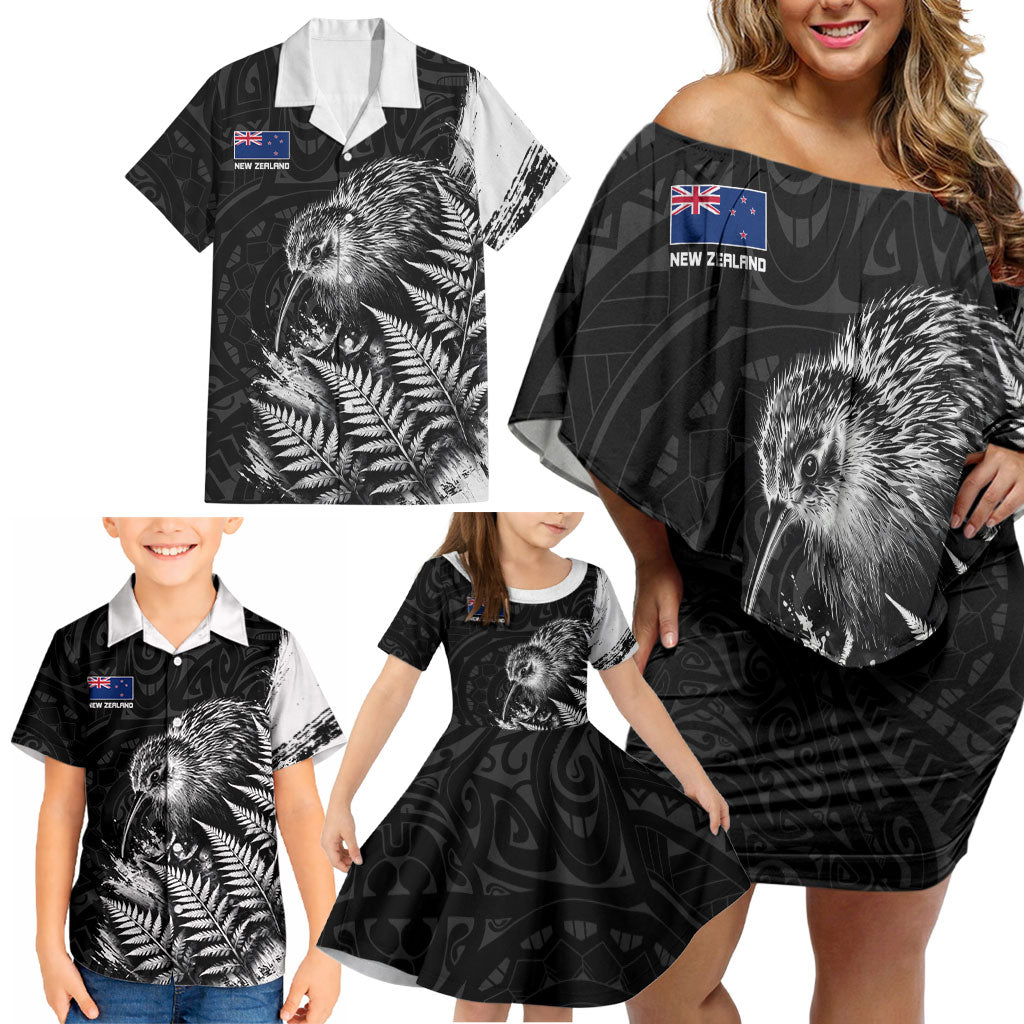Personalized New Zealand Kiwi Bird Family Matching Off Shoulder Short Dress and Hawaiian Shirt Grunge Maori Tribal Pattern Silver Fern