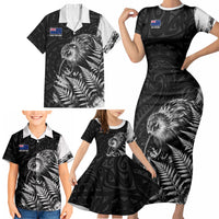 Personalized New Zealand Kiwi Bird Family Matching Short Sleeve Bodycon Dress and Hawaiian Shirt Grunge Maori Tribal Pattern Silver Fern