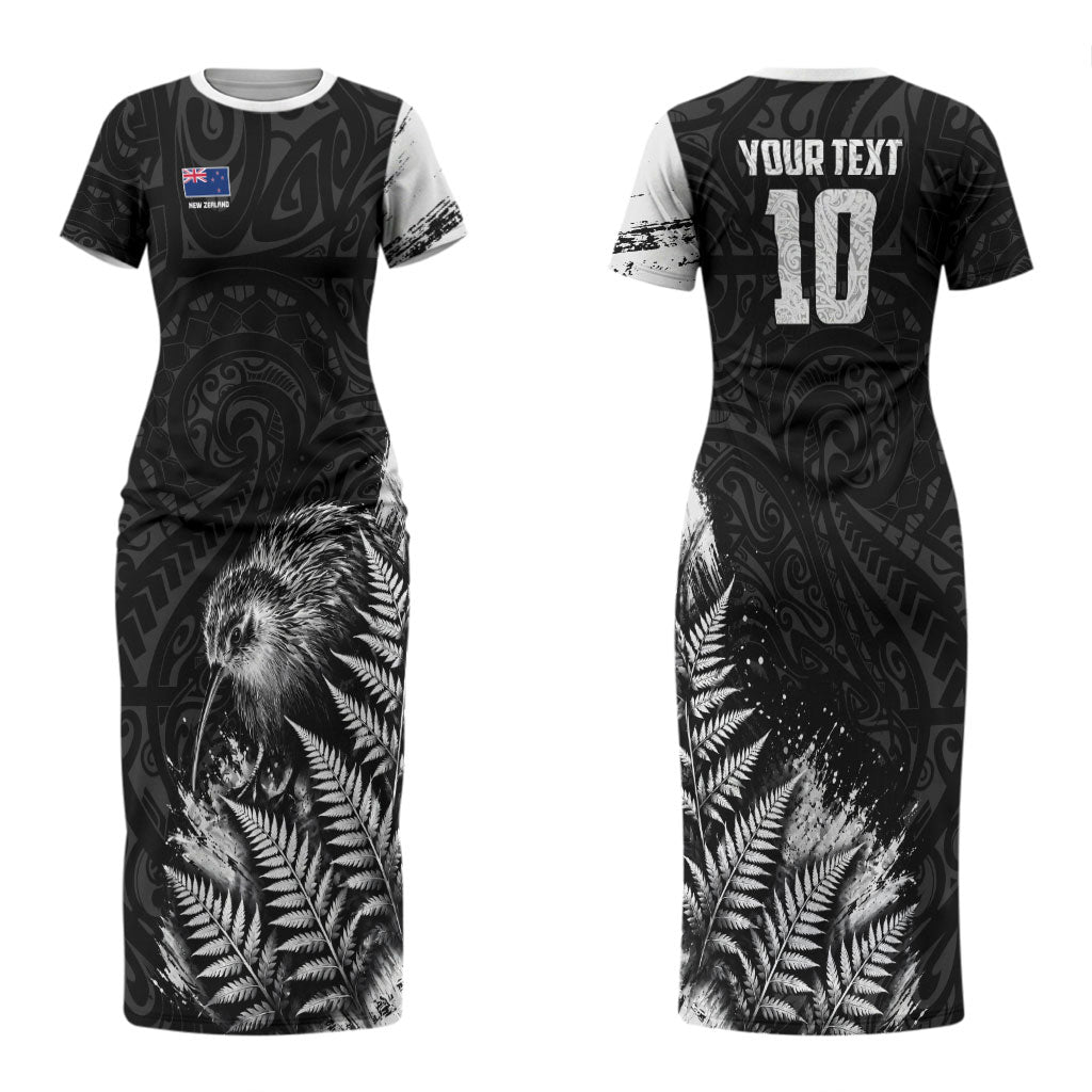 Personalized New Zealand Kiwi Bird Family Matching Short Sleeve Bodycon Dress and Hawaiian Shirt Grunge Maori Tribal Pattern Silver Fern