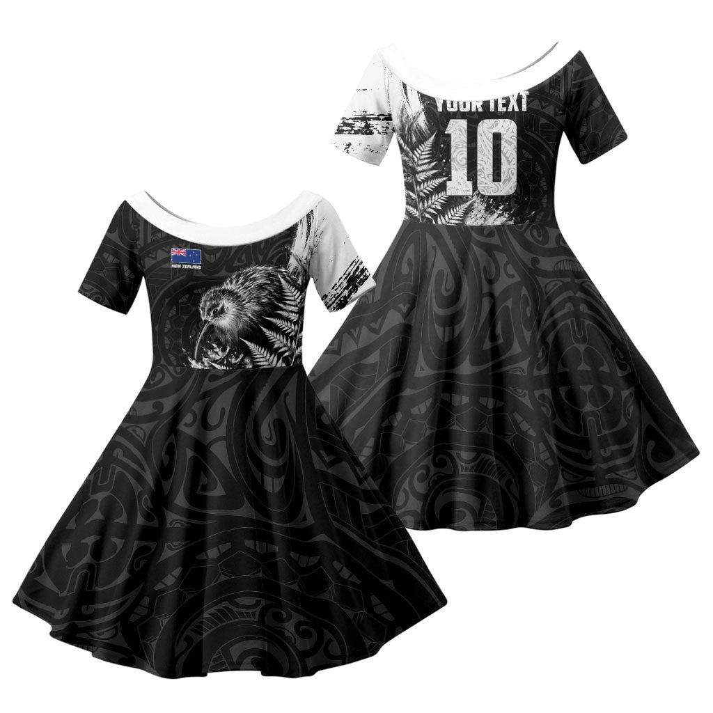 Personalized New Zealand Kiwi Bird Family Matching Short Sleeve Bodycon Dress and Hawaiian Shirt Grunge Maori Tribal Pattern Silver Fern