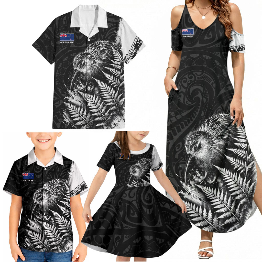 Personalized New Zealand Kiwi Bird Family Matching Summer Maxi Dress and Hawaiian Shirt Grunge Maori Tribal Pattern Silver Fern