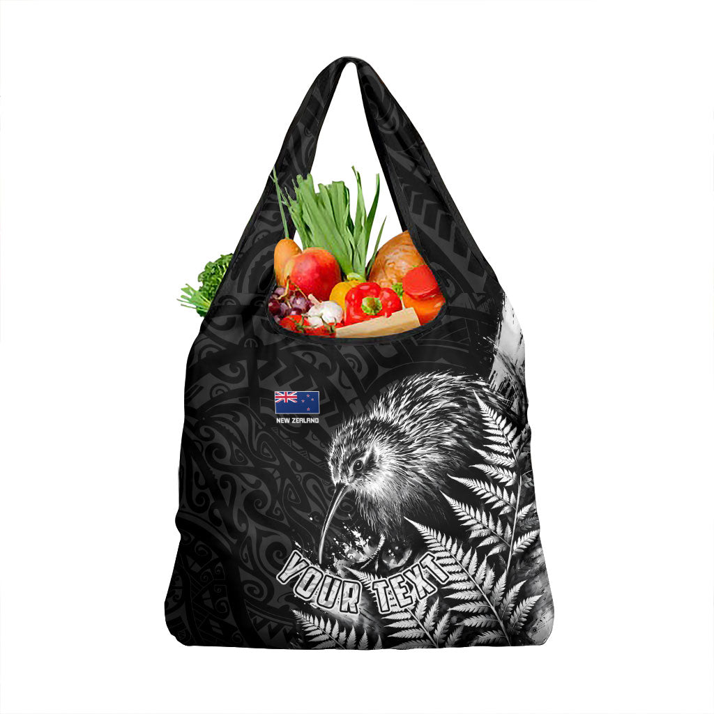 Personalized New Zealand Kiwi Bird Grocery Bag Grunge Maori Tribal Pattern Silver Fern