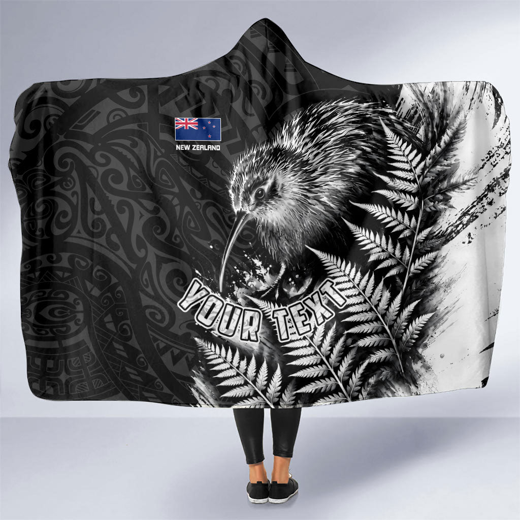 Personalized New Zealand Kiwi Bird Hooded Blanket Grunge Maori Tribal Pattern Silver Fern