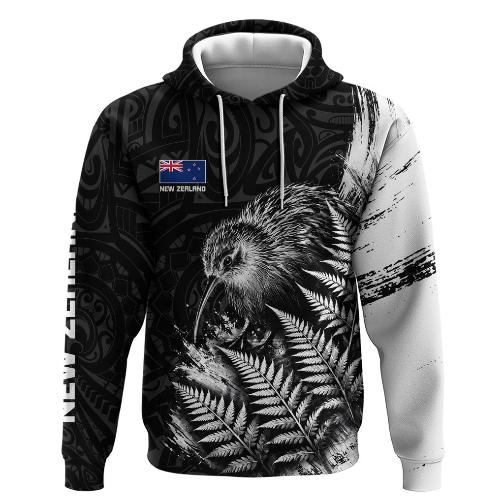 Personalized New Zealand Kiwi Bird Hoodie Grunge Maori Tribal Pattern Silver Fern