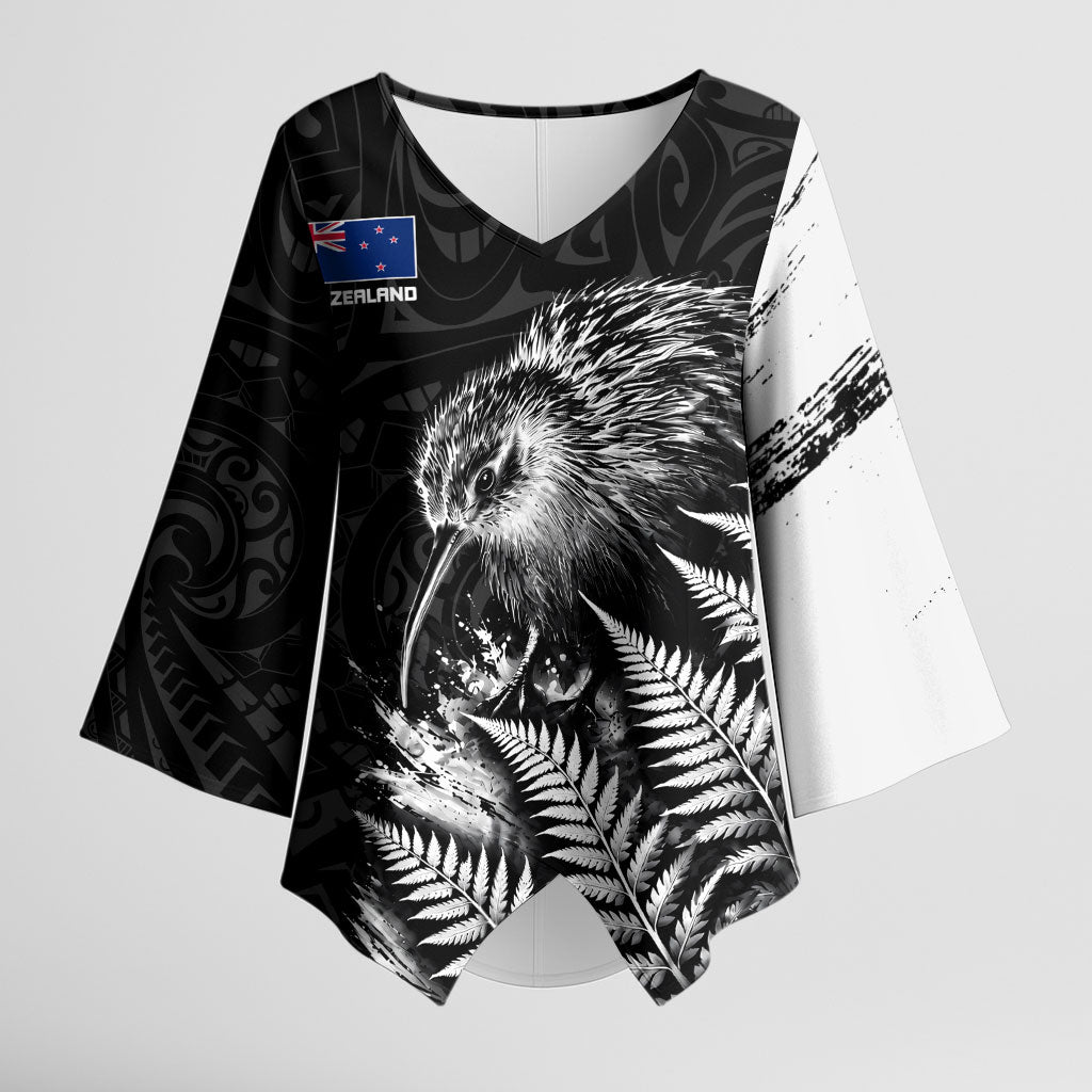 Personalized New Zealand Kiwi Bird Kimono Sleeve Blouse Grunge Maori Tribal Pattern Silver Fern