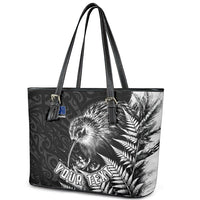 Personalized New Zealand Kiwi Bird Leather Tote Bag Grunge Maori Tribal Pattern Silver Fern