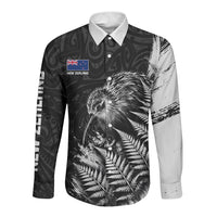 Personalized New Zealand Kiwi Bird Long Sleeve Button Shirt Grunge Maori Tribal Pattern Silver Fern