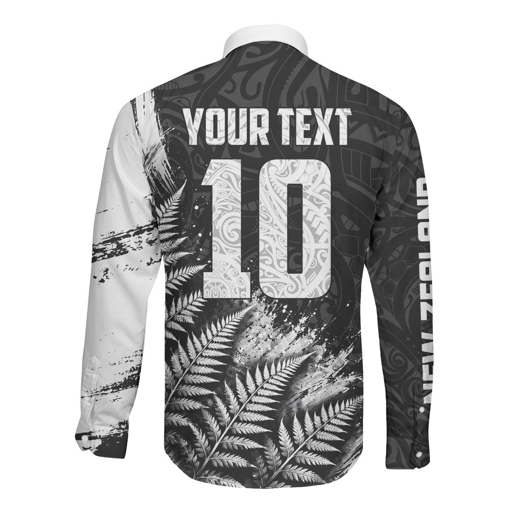 Personalized New Zealand Kiwi Bird Long Sleeve Button Shirt Grunge Maori Tribal Pattern Silver Fern