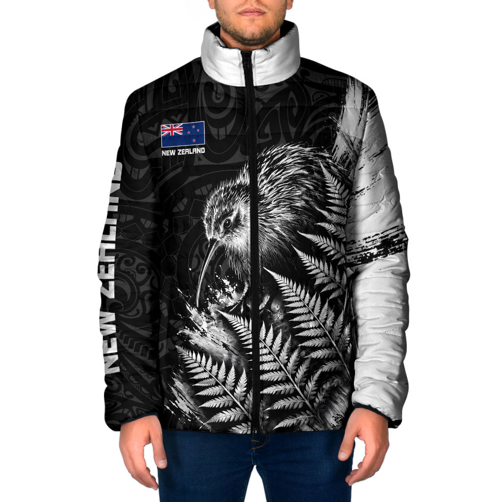 Personalized New Zealand Kiwi Bird Padded Jacket Grunge Maori Tribal Pattern Silver Fern