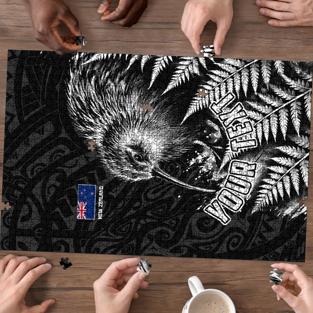 Personalized New Zealand Kiwi Bird Puzzle Grunge Maori Tribal Pattern Silver Fern