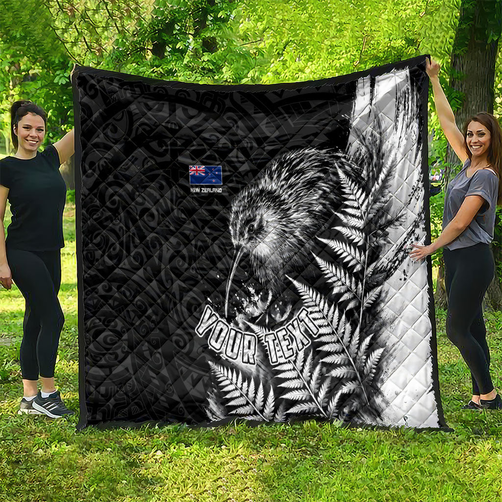 Personalized New Zealand Kiwi Bird Quilt Grunge Maori Tribal Pattern Silver Fern