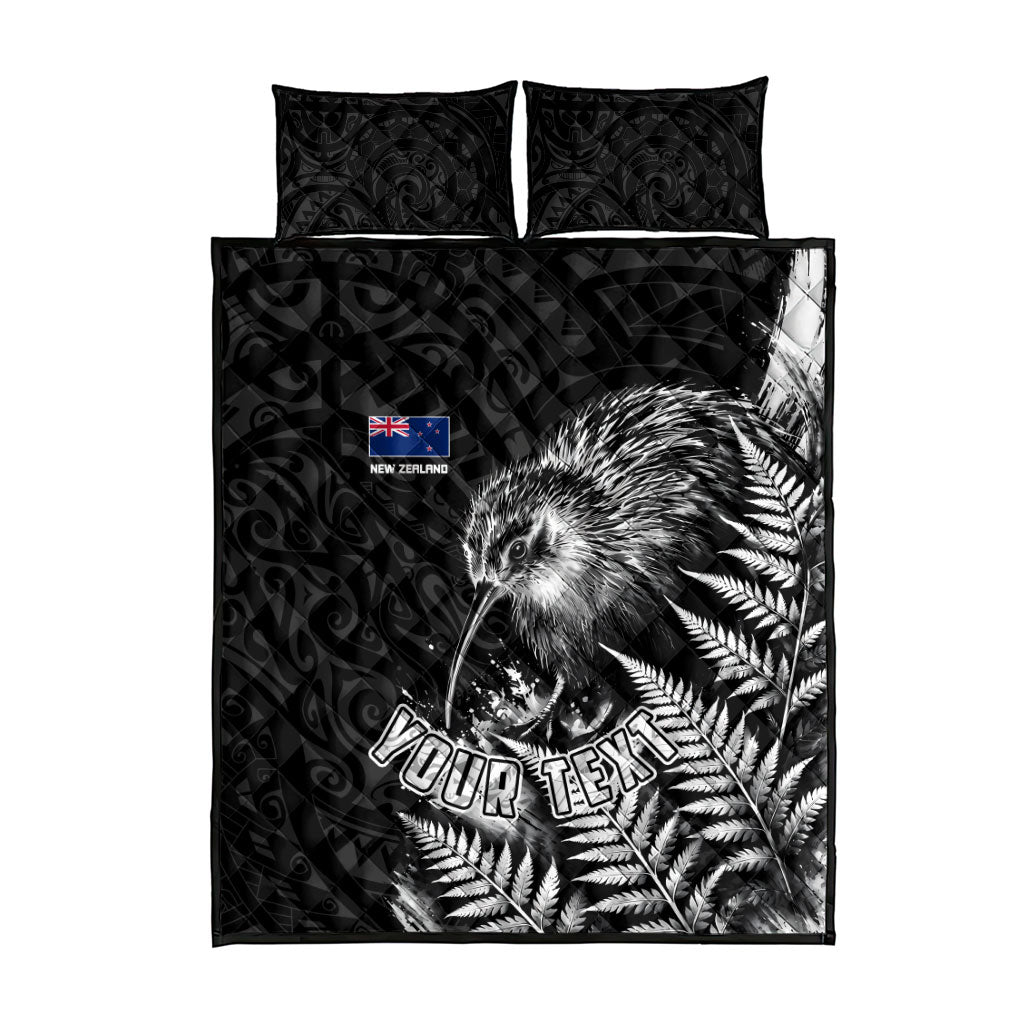 Personalized New Zealand Kiwi Bird Quilt Bed Set Grunge Maori Tribal Pattern Silver Fern