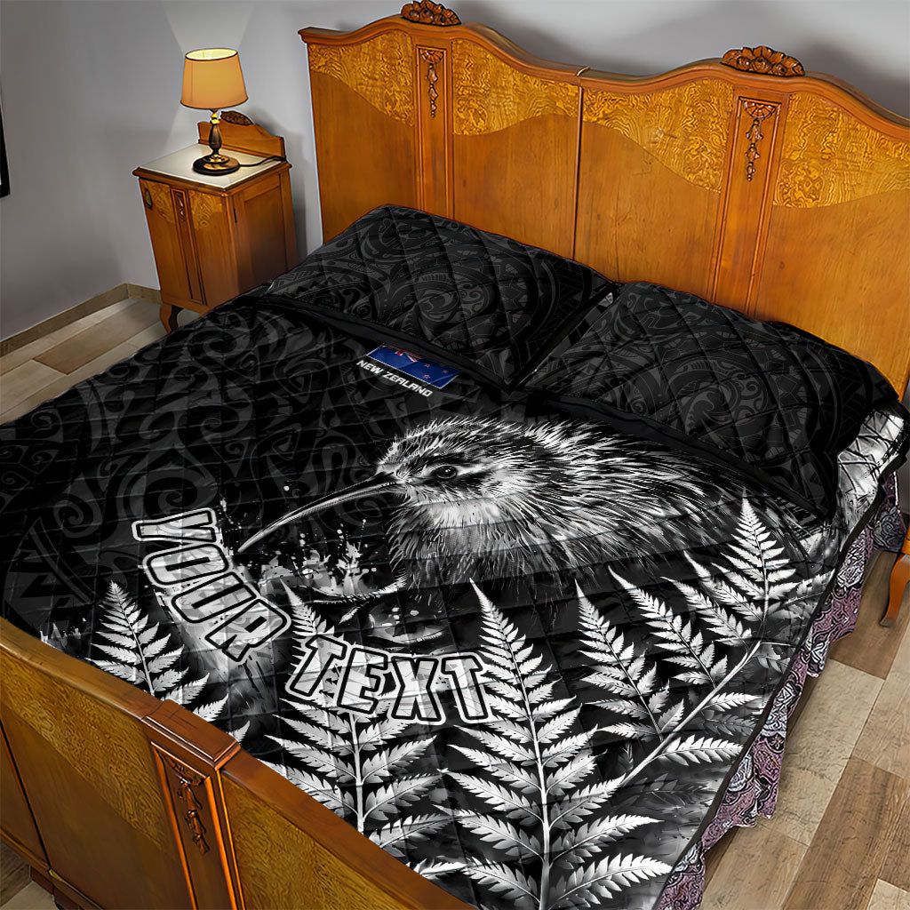 Personalized New Zealand Kiwi Bird Quilt Bed Set Grunge Maori Tribal Pattern Silver Fern