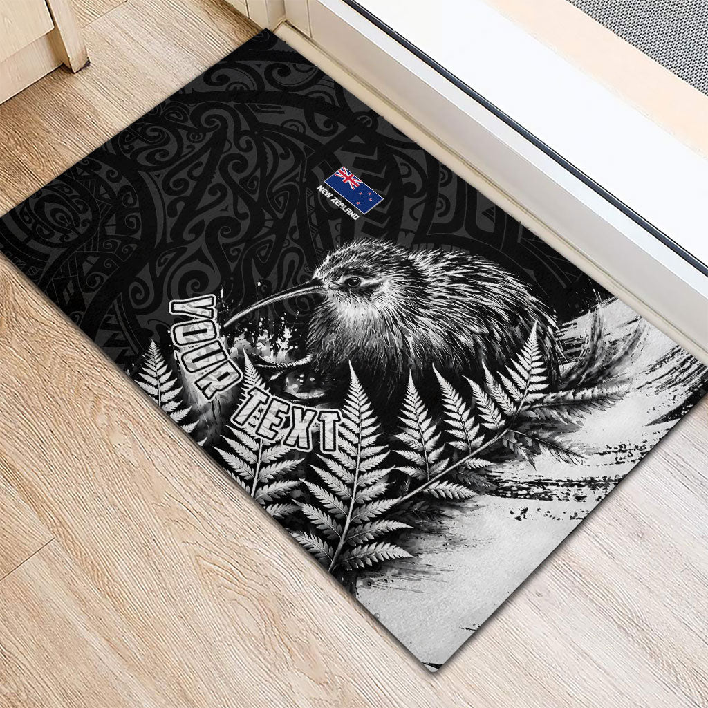 Personalized New Zealand Kiwi Bird Rubber Doormat Grunge Maori Tribal Pattern Silver Fern