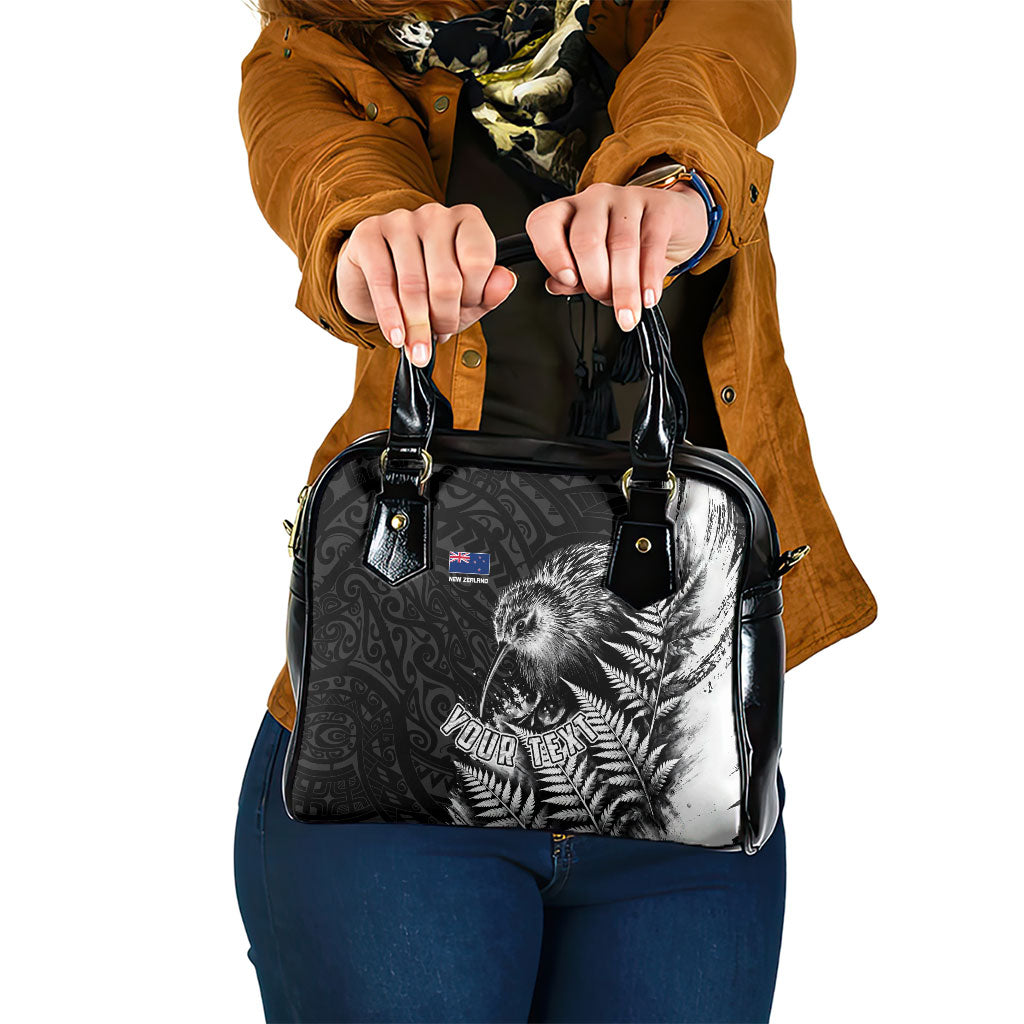 Personalized New Zealand Kiwi Bird Shoulder Handbag Grunge Maori Tribal Pattern Silver Fern
