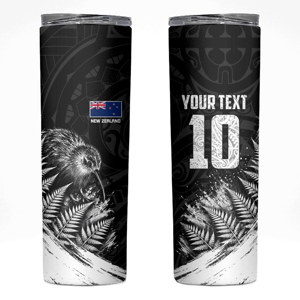Personalized New Zealand Kiwi Bird Skinny Tumbler Grunge Maori Tribal Pattern Silver Fern