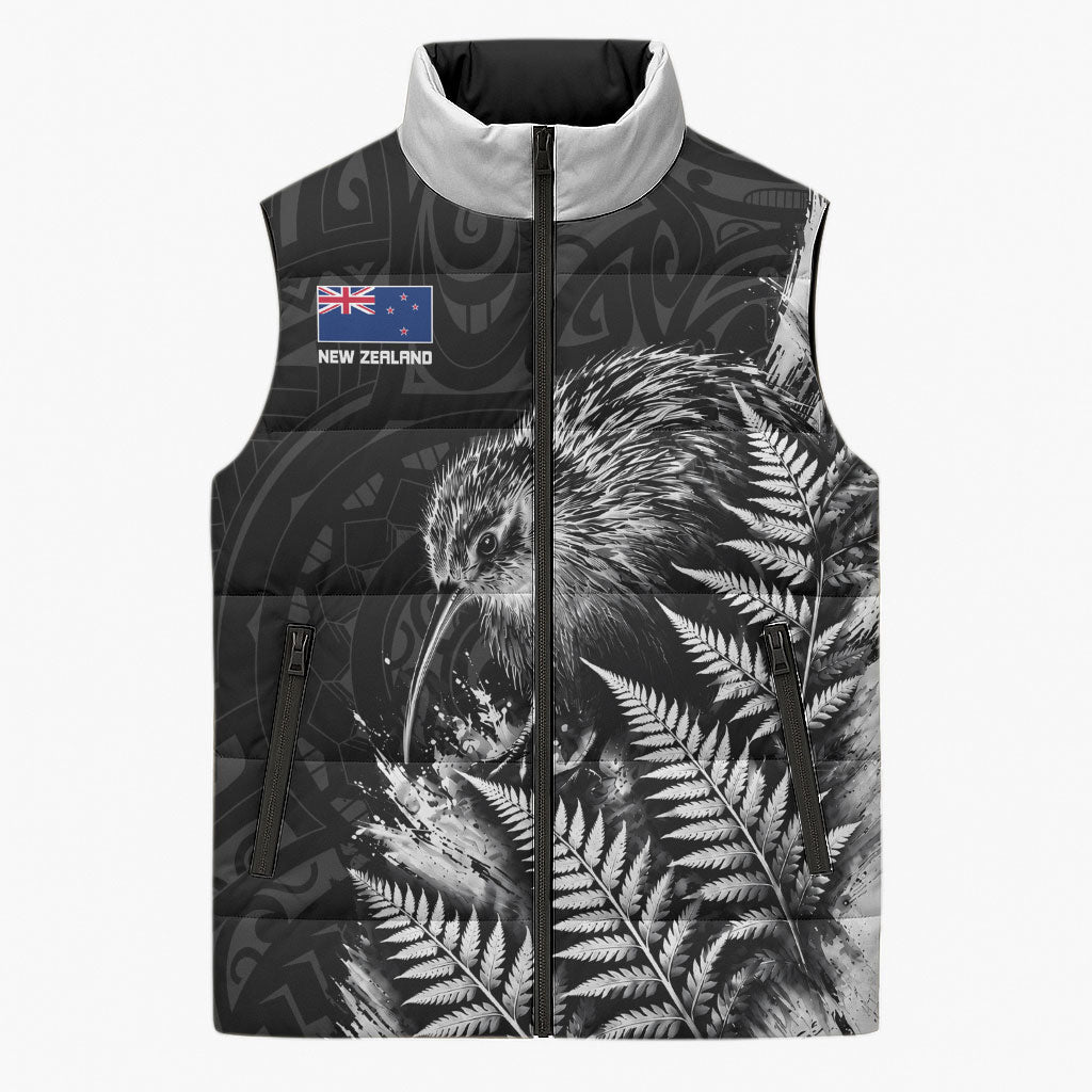 Personalized New Zealand Kiwi Bird Sleeveless Puffer Jacket Grunge Maori Tribal Pattern Silver Fern