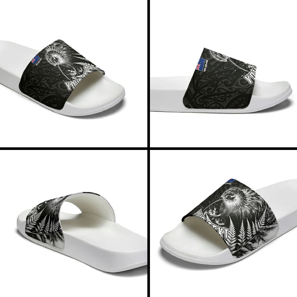 Personalized New Zealand Kiwi Bird Slide Sandals Grunge Maori Tribal Pattern Silver Fern