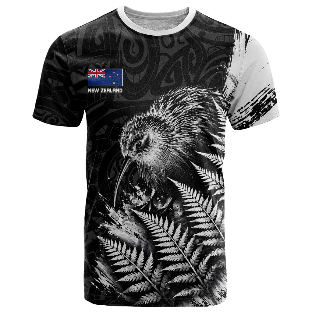 Personalized New Zealand Kiwi Bird T Shirt Grunge Maori Tribal Pattern Silver Fern