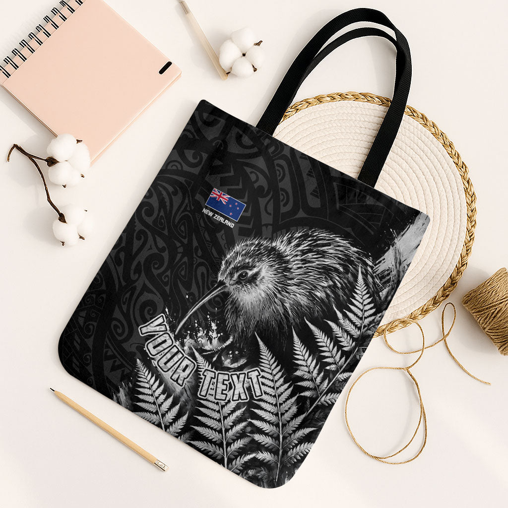Personalized New Zealand Kiwi Bird Tote Bag Grunge Maori Tribal Pattern Silver Fern TS04 Black Strap One Size Black White - Polynesian Pride