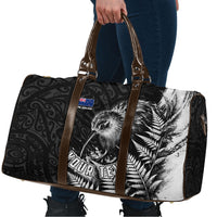 Personalized New Zealand Kiwi Bird Travel Bag Grunge Maori Tribal Pattern Silver Fern