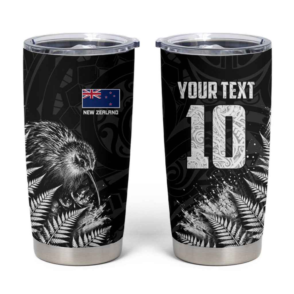 Personalized New Zealand Kiwi Bird Tumbler Cup Grunge Maori Tribal Pattern Silver Fern