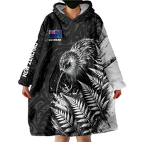 Personalized New Zealand Kiwi Bird Wearable Blanket Hoodie Grunge Maori Tribal Pattern Silver Fern