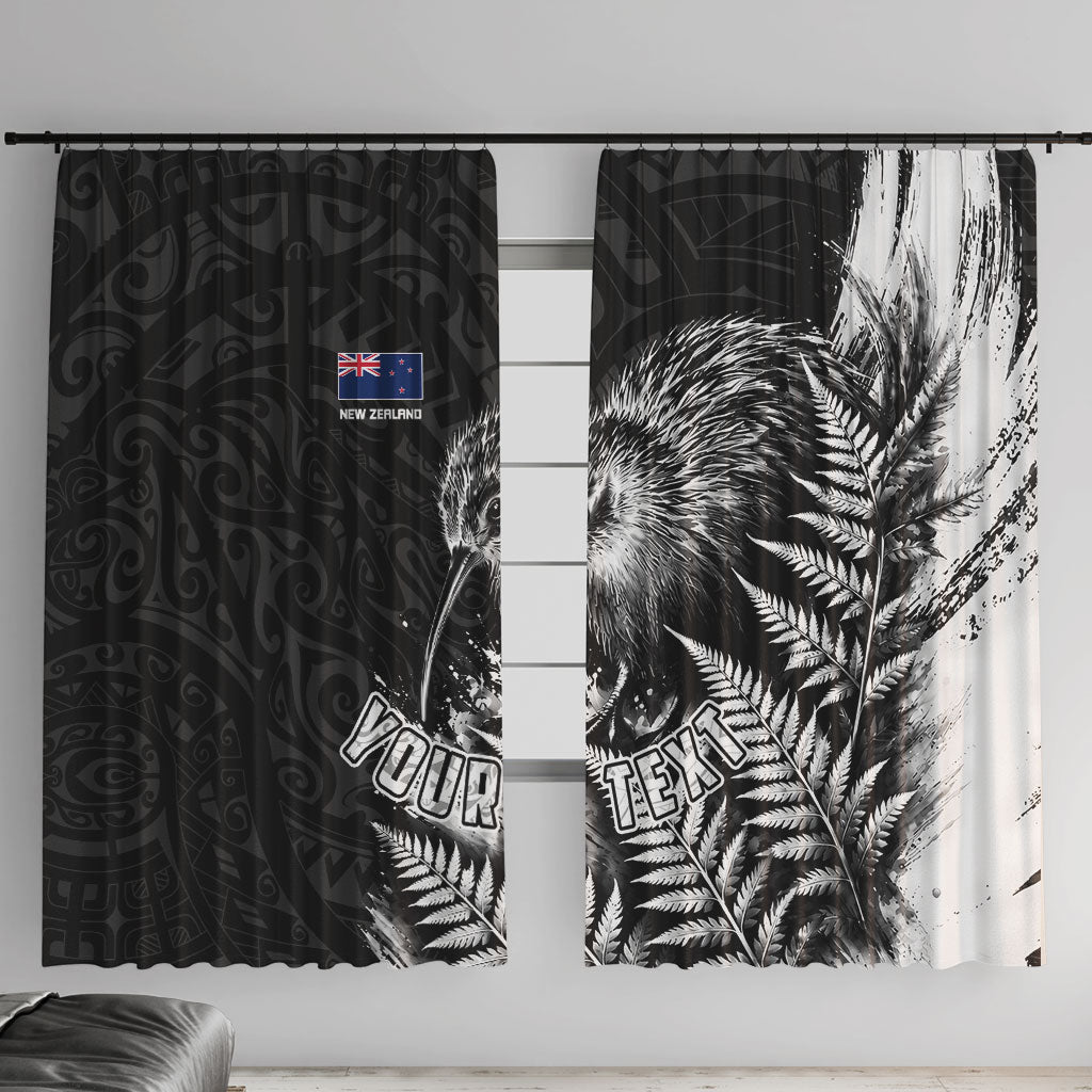 Personalized New Zealand Kiwi Bird Window Curtain Grunge Maori Tribal Pattern Silver Fern