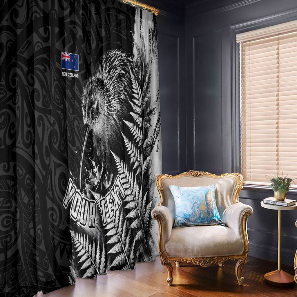 Personalized New Zealand Kiwi Bird Window Curtain Grunge Maori Tribal Pattern Silver Fern