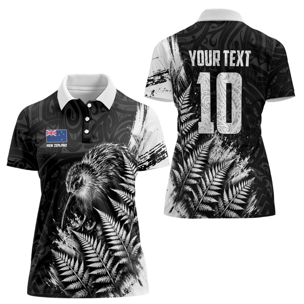 Personalized New Zealand Kiwi Bird Women Polo Shirt Grunge Maori Tribal Pattern Silver Fern