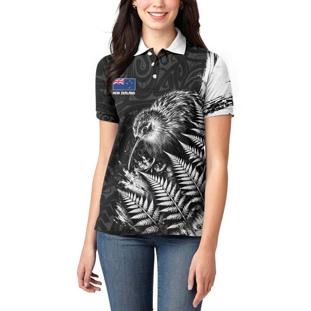 Personalized New Zealand Kiwi Bird Women Polo Shirt Grunge Maori Tribal Pattern Silver Fern
