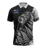 Personalized New Zealand Kiwi Bird Zipper Polo Shirt Grunge Maori Tribal Pattern Silver Fern