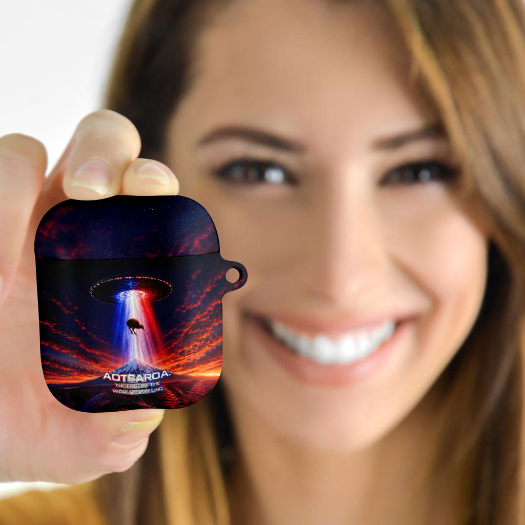 New Zealand Aotearoa Kiwi UFO AirPods Case Sci-Fi Galaxy Sunset Sky Tower And Mountain