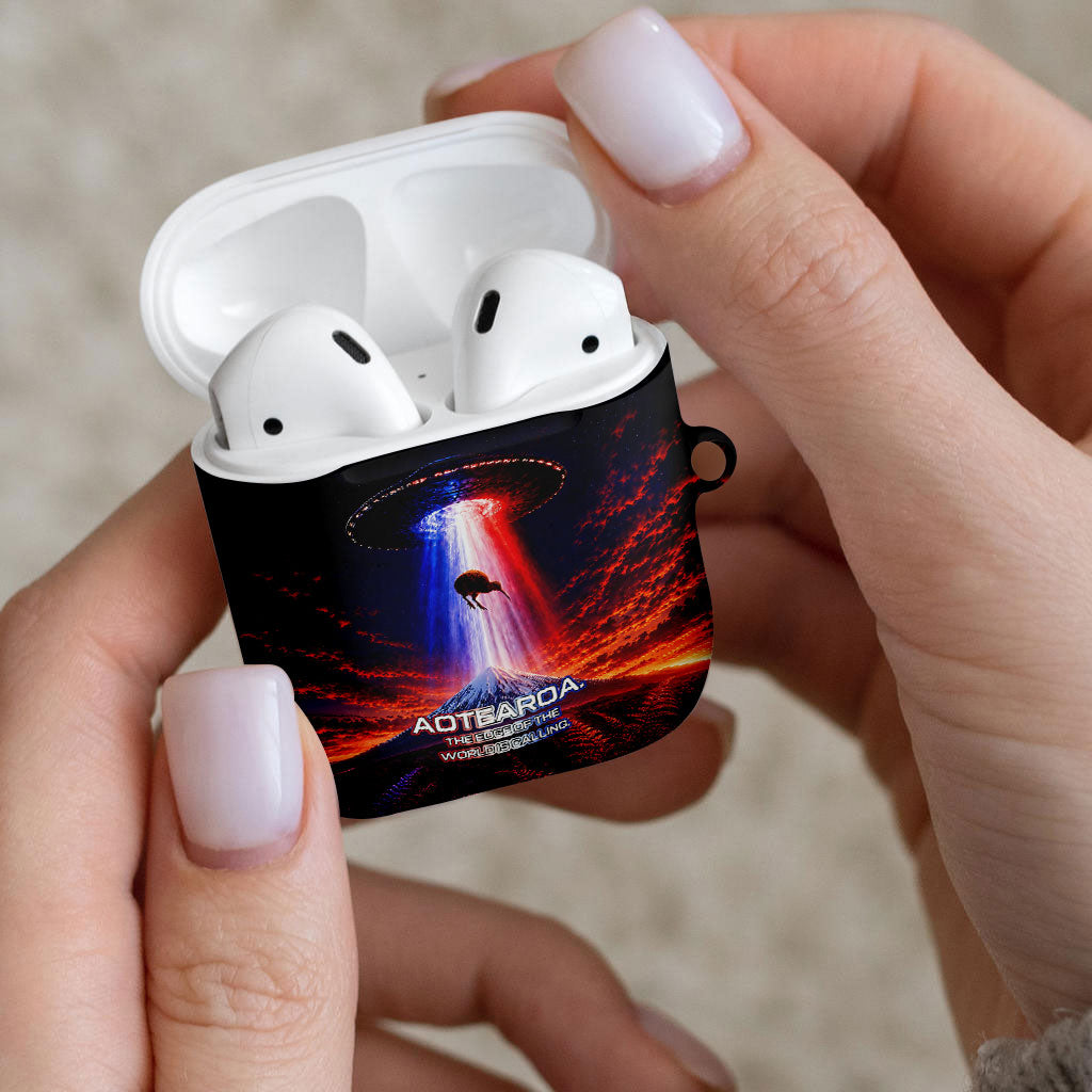 New Zealand Aotearoa Kiwi UFO AirPods Case Sci-Fi Galaxy Sunset Sky Tower And Mountain