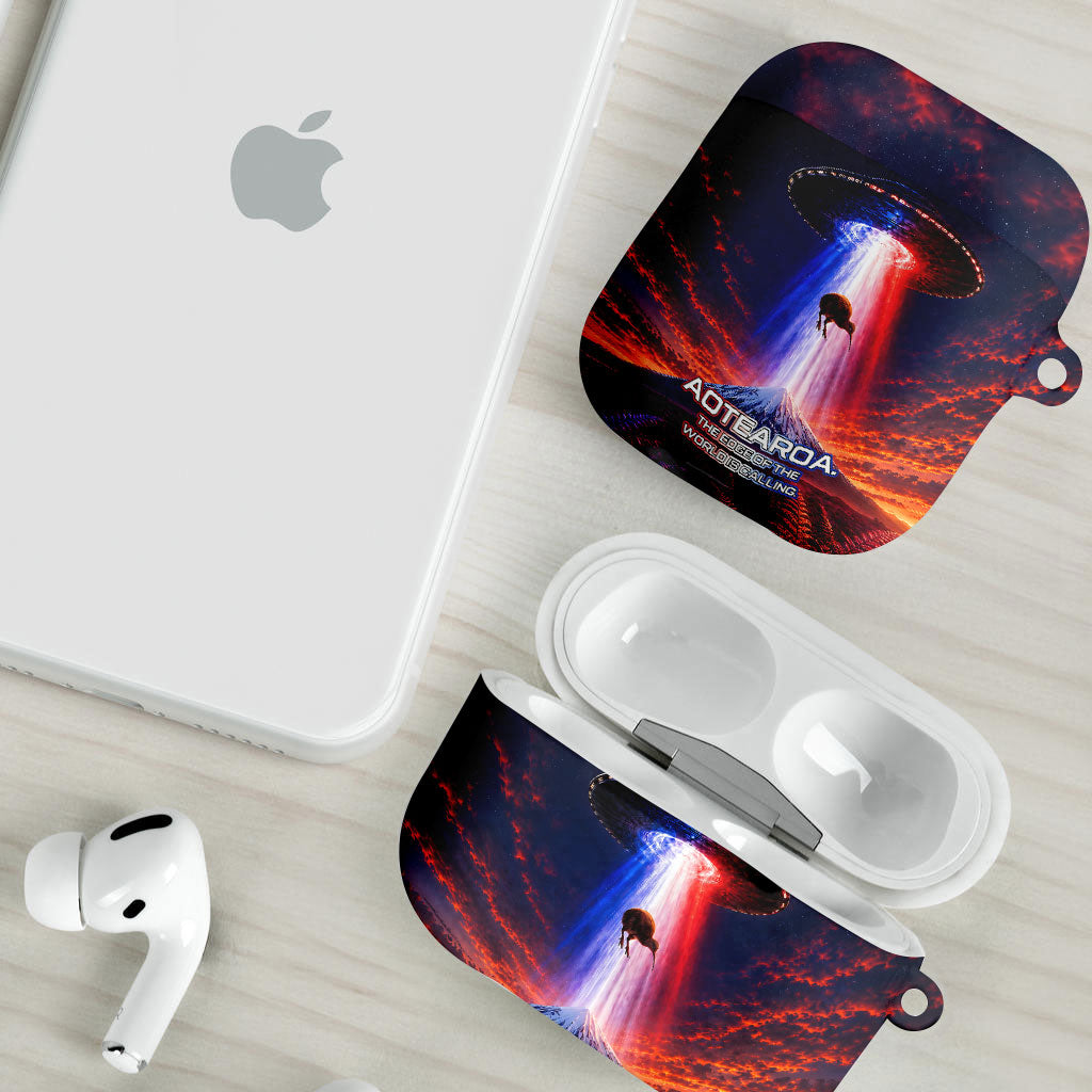 New Zealand Aotearoa Kiwi UFO AirPods Case Sci-Fi Galaxy Sunset Sky Tower And Mountain